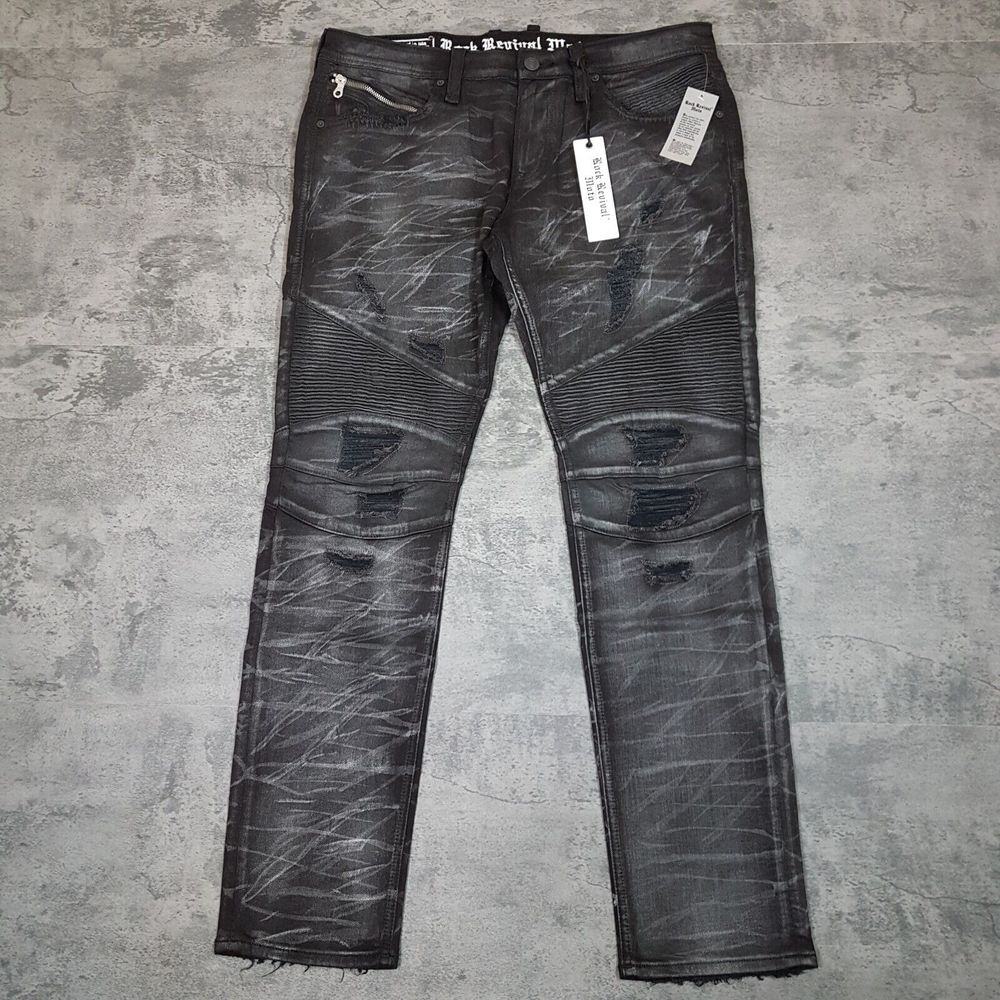ROCK REVIVAL Ivan Slim‎ Straight Moto Biker Distressed Jeans Mens 34x32 Black